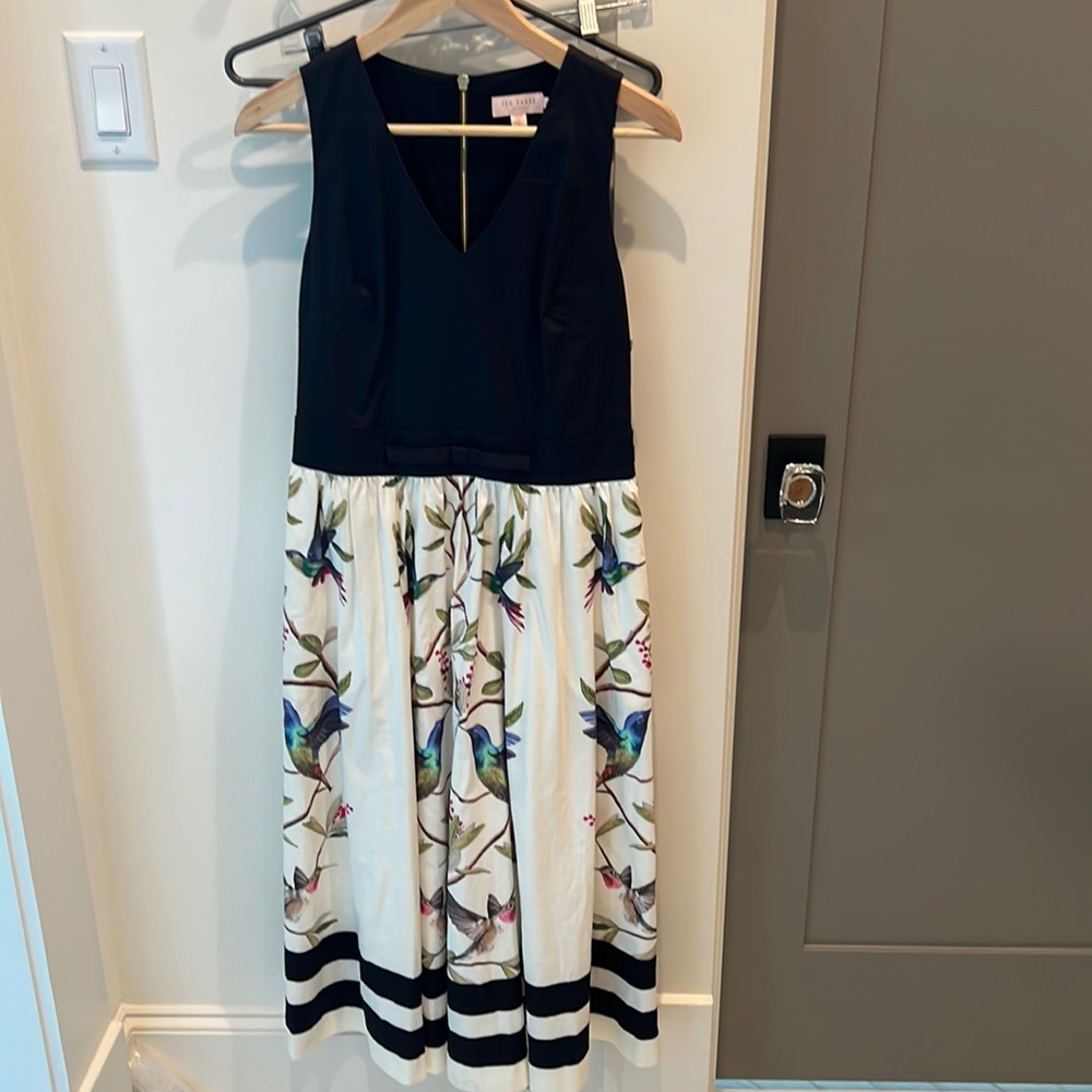 Ted baker dress black bodice skirt with birds